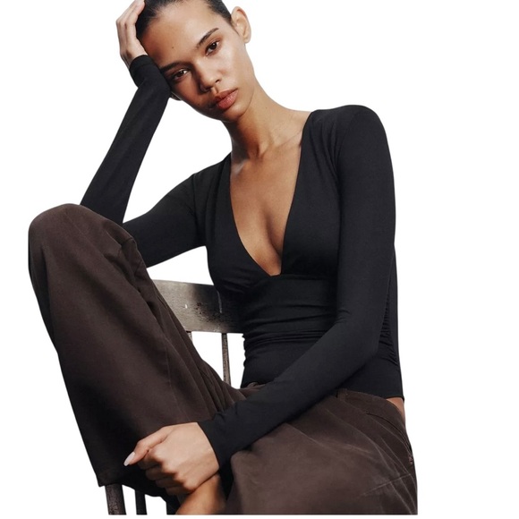 New Zara Ruched Polymide Bodysuit Brown Balletcore Sexy Layer Small Basics Top - Picture 3 of 13